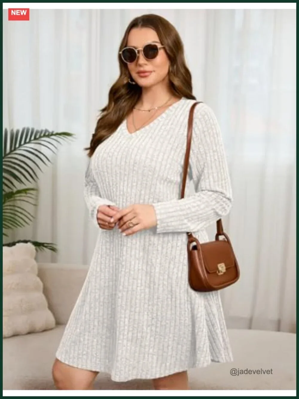Women's Plus Size Knit Sweater Dress Long Sleeve V-Neck with Pockets Casual